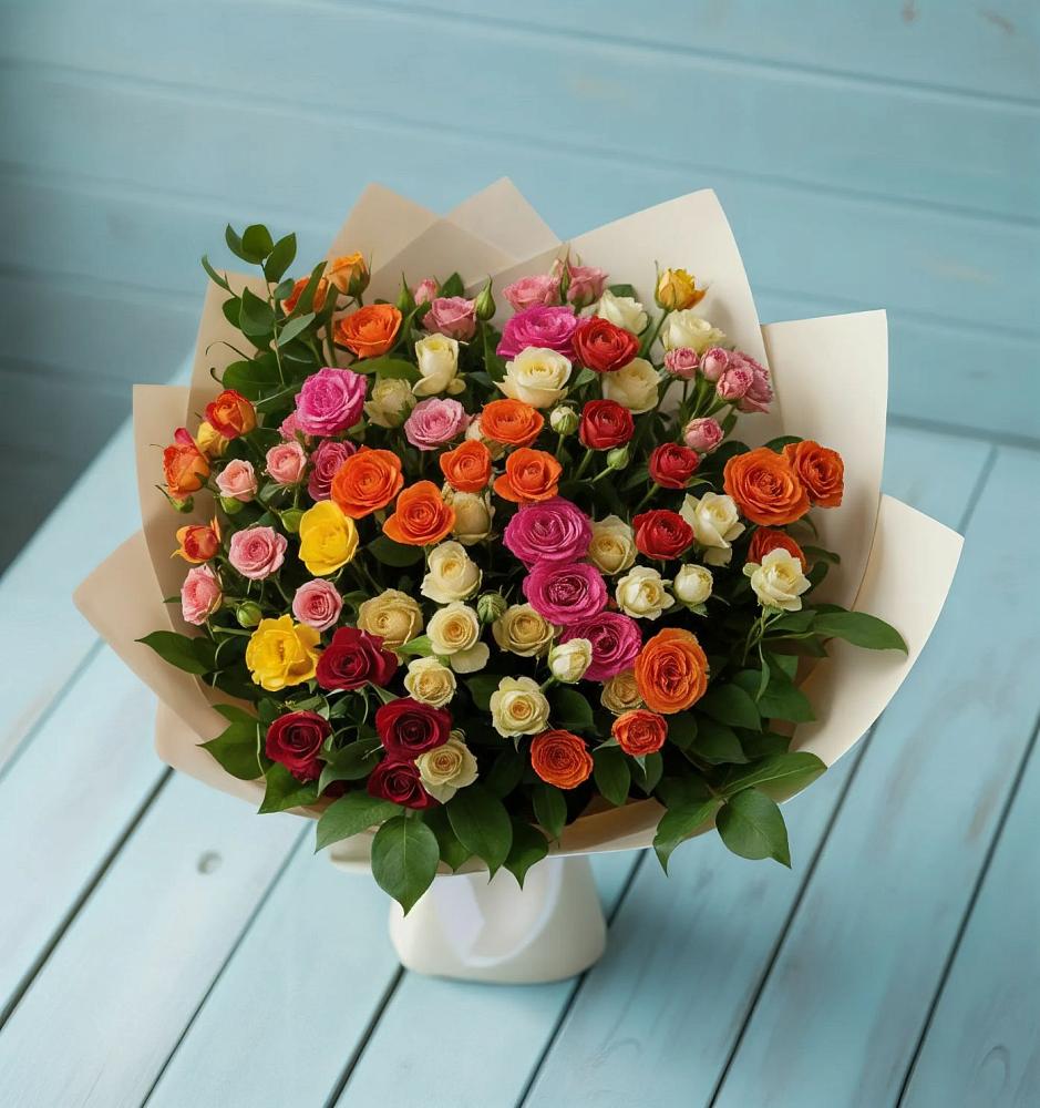 Букет Микс из разноцветных кустовых роз в Туринске